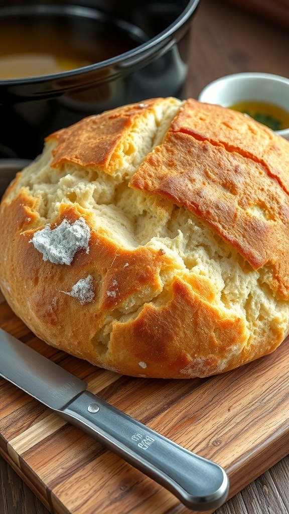 Golden crusted Dutch oven bread on a wooden board with a knife and olive oil.